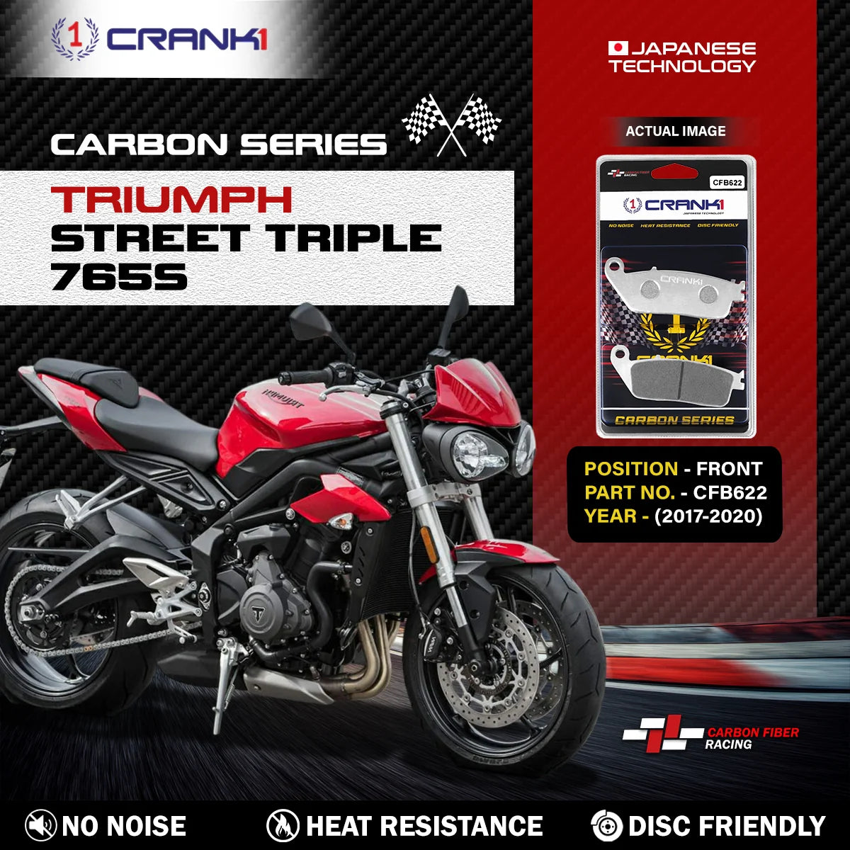 CRANK1 Carbon Front Brake Pads CFB622 for Triumph Street Triple 765S 2017–2020 Performance Motorcycle Brake Pads