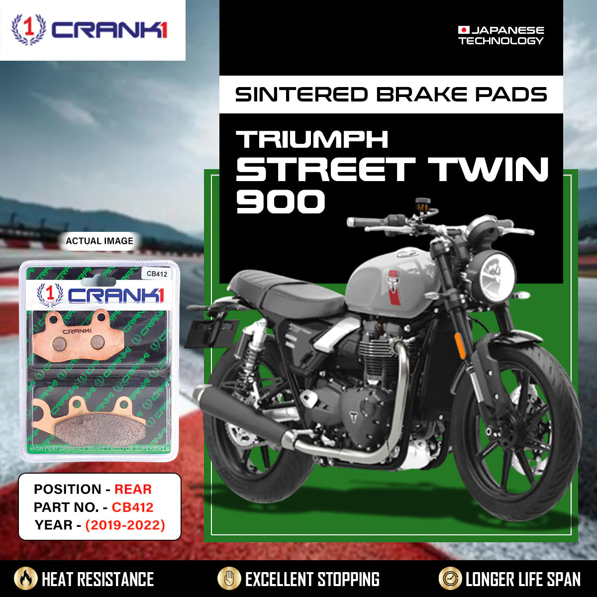 CRANK1 CB412 Sintered Rear Brake Pads for Triumph Street Twin 900 (2019-2022) | LEGUNDARY Custom