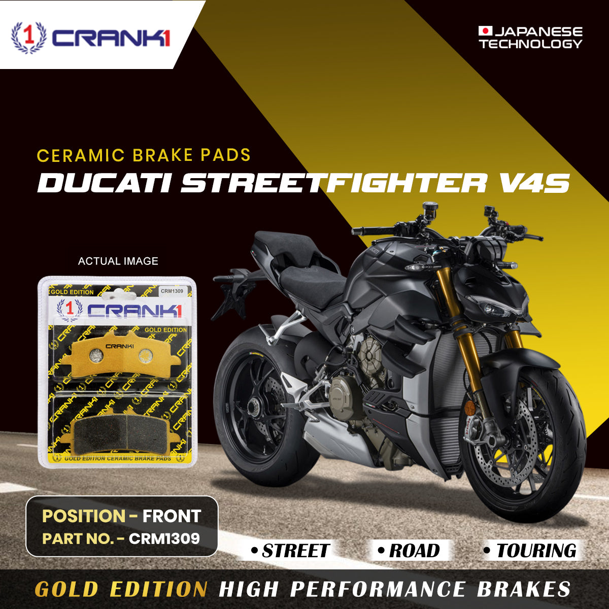 CRANK1 Ceramic Front Brake Pads CRM1309 for Ducati Streetfighter V4S HH Rated Motorcycle Brake Pads 2 Sets