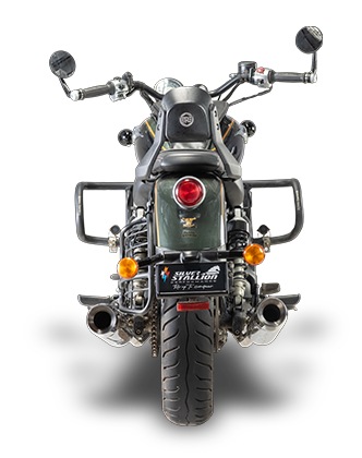 Silver Stallion Longshot performance exhaust installed on Royal Enfield Super Meteor 650 with premium silver finish