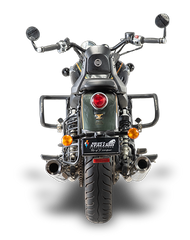 Silver Stallion Longshot performance exhaust installed on Royal Enfield Super Meteor 650 with premium silver finish