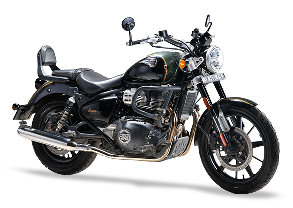 Silver Stallion Longshot performance exhaust installed on Royal Enfield Super Meteor 650 with premium silver finish