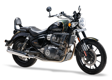 Silver Stallion Longshot performance exhaust installed on Royal Enfield Super Meteor 650 with premium silver finish