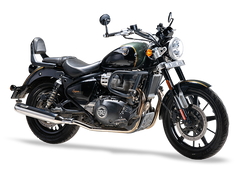 Silver Stallion Longshot performance exhaust installed on Royal Enfield Super Meteor 650 with premium silver finish