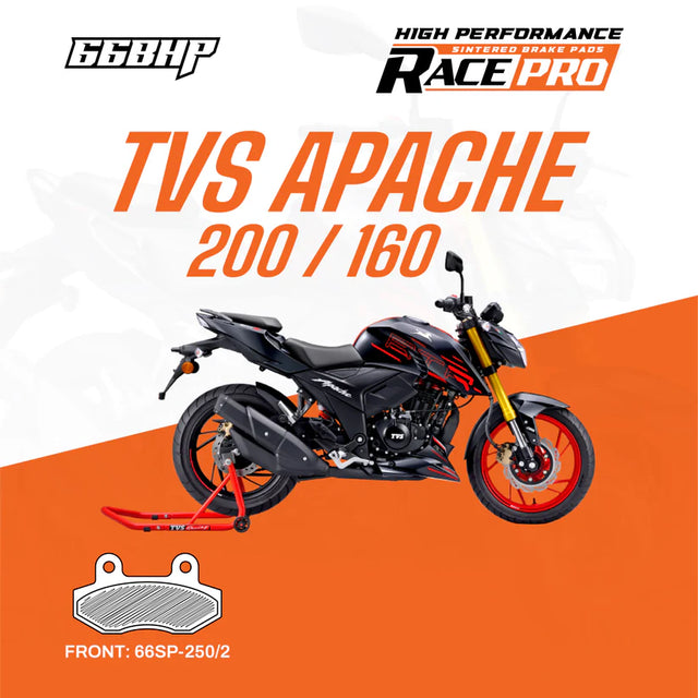 66BHP Race Pro Sintered Front Brake Pad 66RP-250-2 for TVS Apache RTR 160 and 200 high performance braking