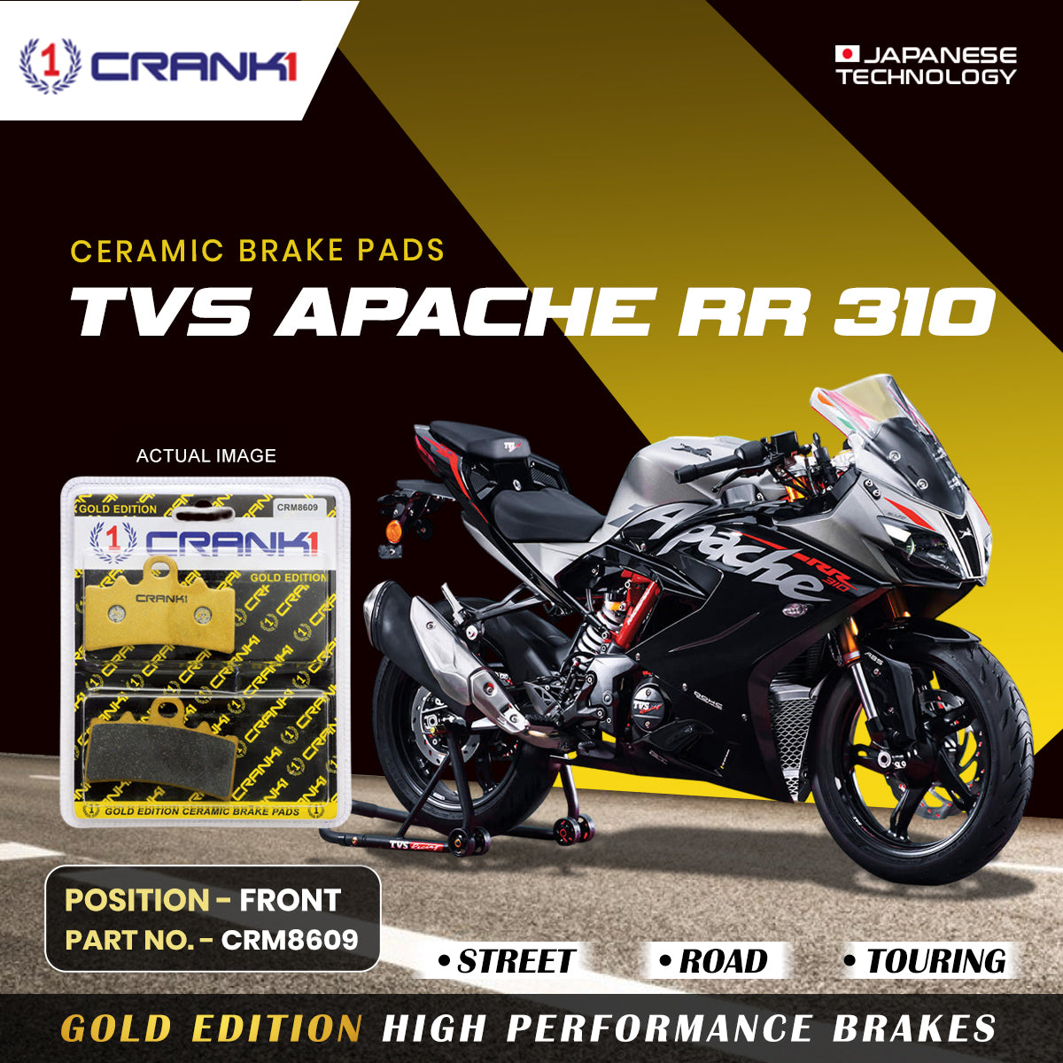 CRANK1 Ceramic Front Brake Pads CRM8609 for TVS Apache RR 310 HH Rated Disc Brake Pads