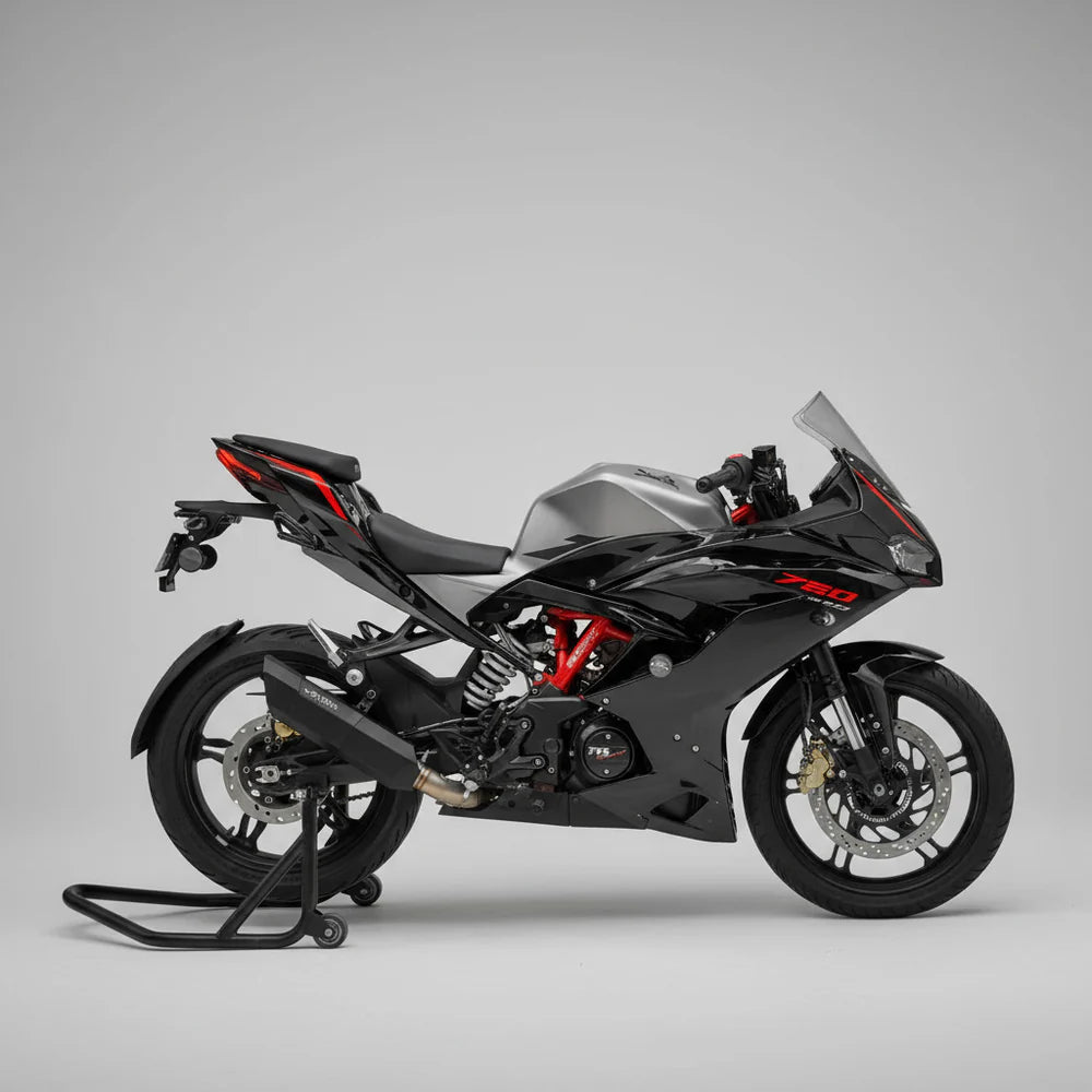 Barrel Rogue 2.0 exhaust for TVS Apache RR 310 BS4 BS6 with subheader pipe black and steel performance exhaust