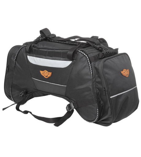 Guardian Gears Rhino Mini 50L Motorcycle Tail Bag with waterproof rain cover mounted on a touring motorcycle