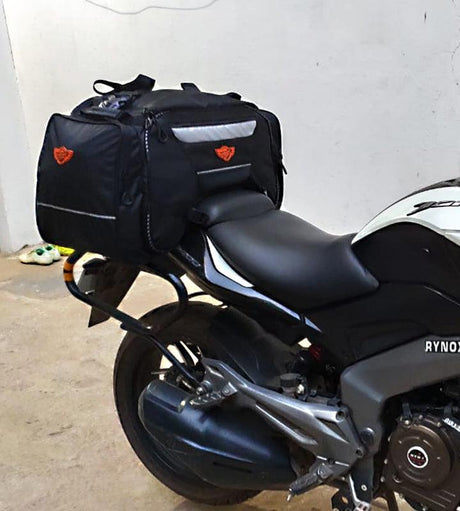 Guardian Gears Rhino Mini 50L Motorcycle Tail Bag with waterproof rain cover mounted on a touring motorcycle