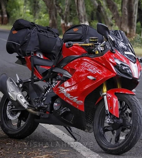 Guardian Gears Rhino Mini 50L Motorcycle Tail Bag with waterproof rain cover mounted on a touring motorcycle