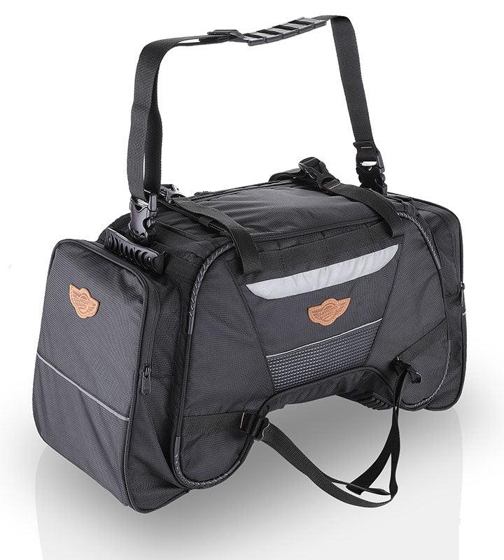 Guardian Gears Rhino Mini 50L waterproof motorcycle tail bag with waterproof dry bag and rain cover mounted on a touring motorcycle