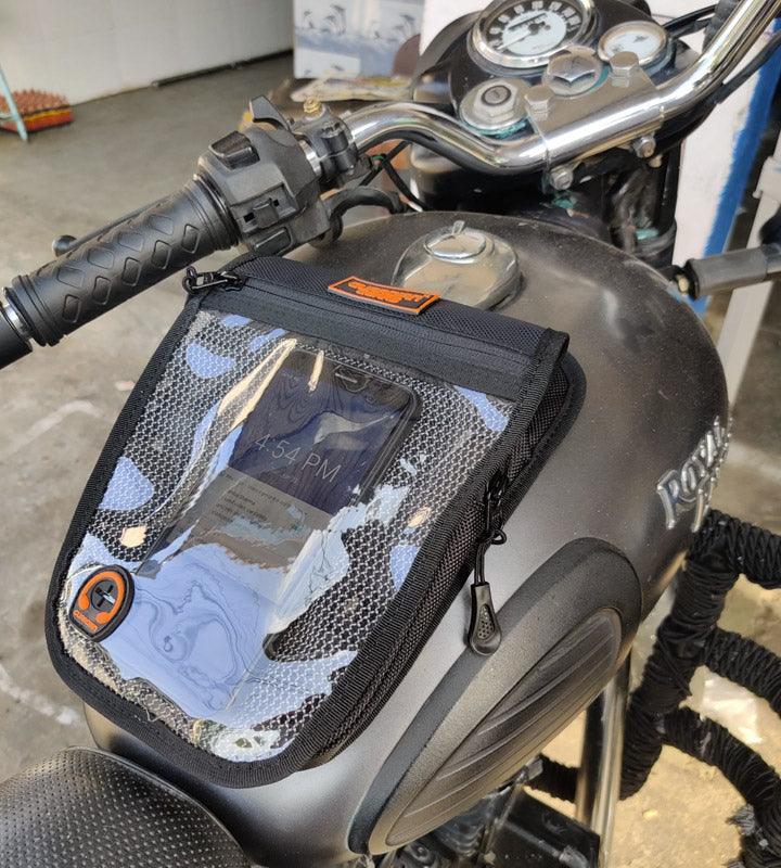 Guardian Gears Wolverine magnetic tank bag mounted on Royal Enfield fuel tank