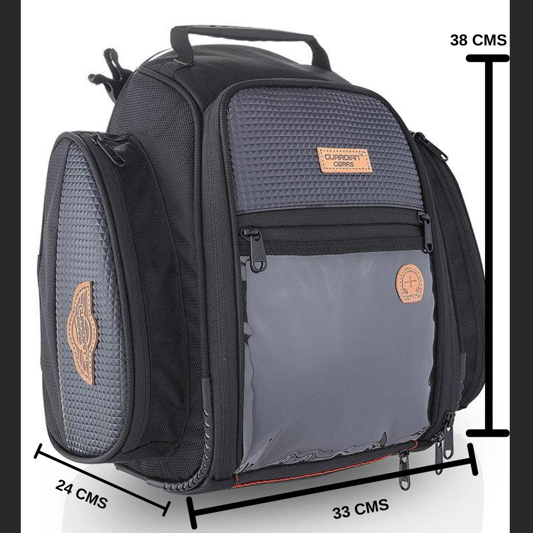 Guardian Gears Shark 28L expandable motorcycle tank bag mounted on Royal Enfield