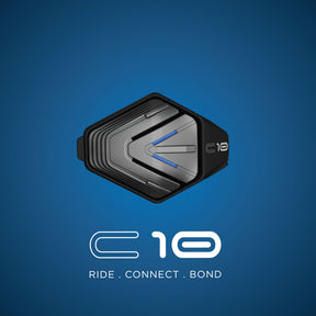 BluArmor C10 motorcycle Bluetooth intercom mounted on helmet for calls, music, and GPS navigation for riders