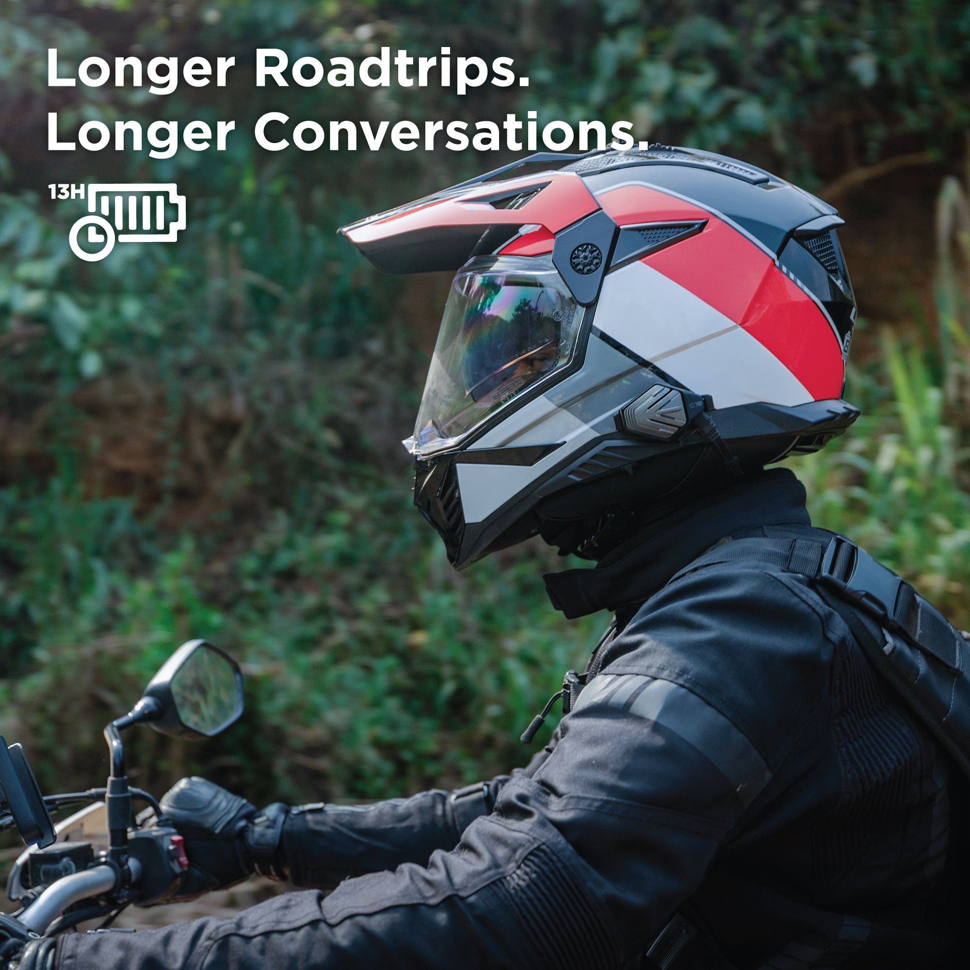 BluArmor C10 motorcycle Bluetooth intercom mounted on helmet for calls, music, and GPS navigation for riders