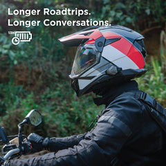 BluArmor C10 motorcycle Bluetooth intercom mounted on helmet for calls, music, and GPS navigation for riders
