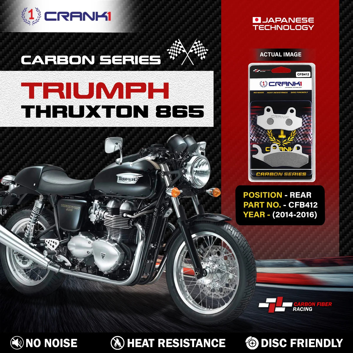 CRANK1 Carbon Rear Brake Pads CFB412 for Triumph Thruxton 865 2014–2016 with Kevlar Reinforced Carbon Compound