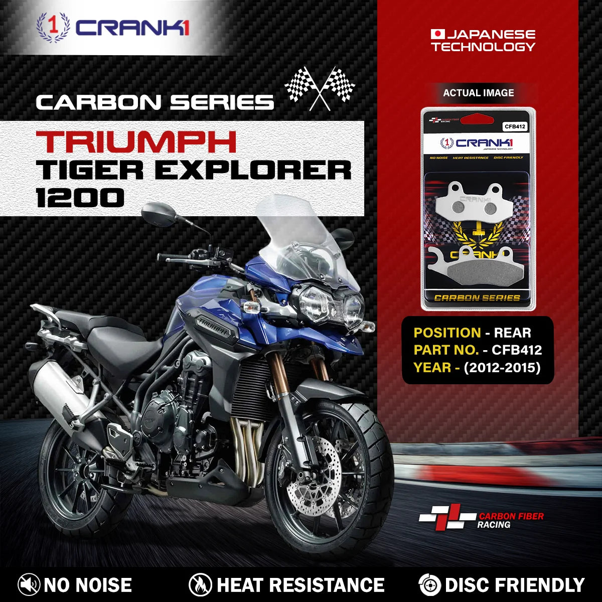 CRANK1 Carbon Rear Brake Pads CFB412 for Triumph Tiger Explorer 1200 2012-2015 Bonneville Speed Triple Street Twin Thruxton