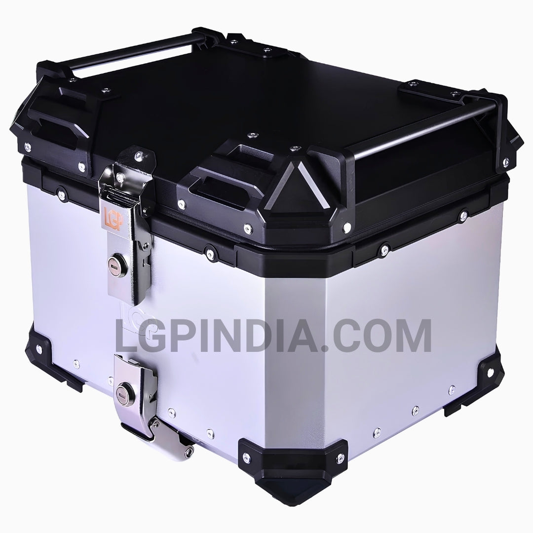 LGP 36L aluminum motorcycle top box with backrest in silver and black

