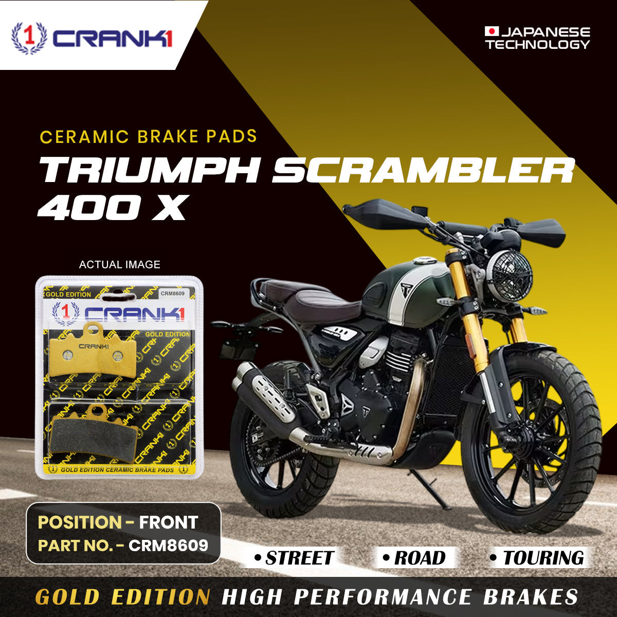 CRANK1 Ceramic Front Brake Pads CRM8609 for Triumph Scrambler 400 X HH Rated Motorcycle Disc Brake Pads