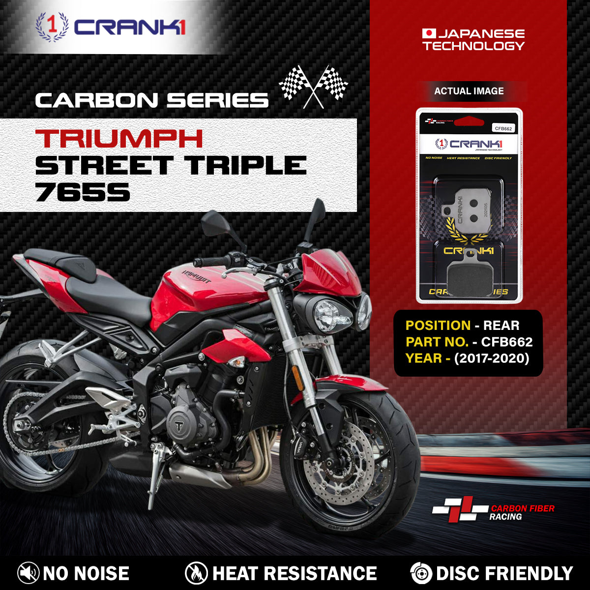 CRANK1 Carbon Rear Brake Pads CFB662 for Triumph Street Triple 765S 2017-2020