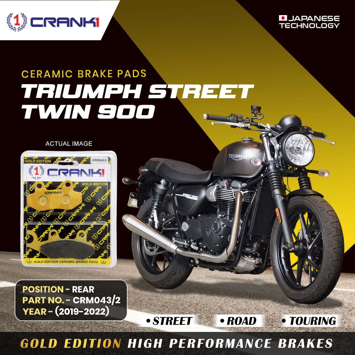 CRANK1 Ceramic Rear Brake Pads CRM043/2 for Triumph Street Twin 900 (2019-2022) HH Rated Motorcycle Brake Pads