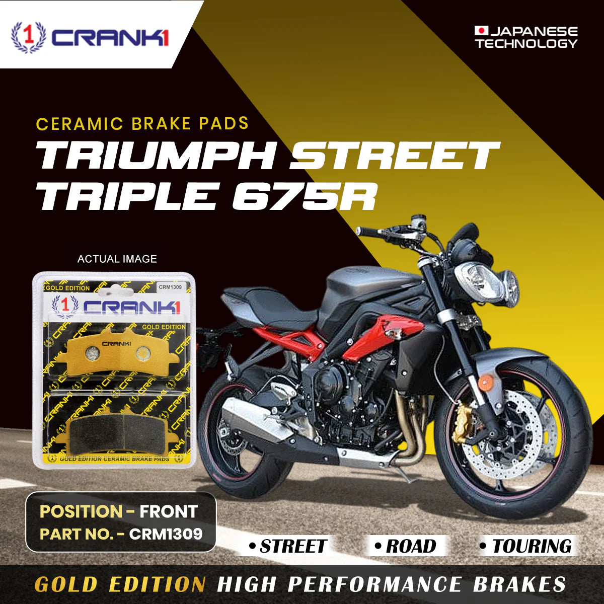 CRANK1 Ceramic Front Brake Pads CRM1309 for Triumph Street Triple 675 R HH Rated Motorcycle Brake Pads