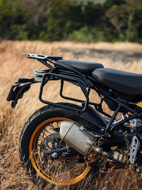 Aragorn saddle stay installed on Royal Enfield Himalayan 450 black mild steel luggage support