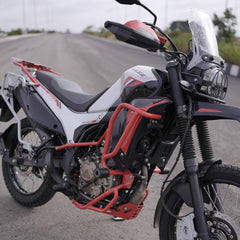 MotoCare red upper lower crash guard installed on Hero XPulse 210 protecting engine and frame