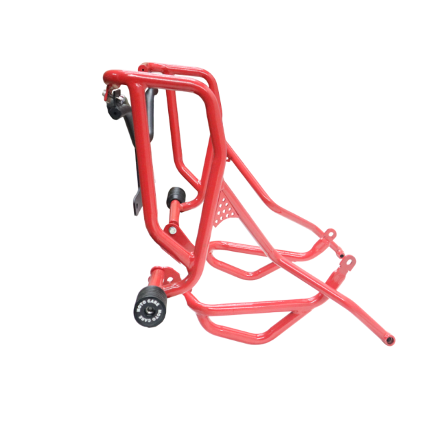 MotoCare red upper lower crash guard installed on Hero XPulse 210 protecting engine and frame