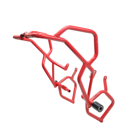 MotoCare red upper lower crash guard for TVS Apache RTX 300 engine and frame protection installed on motorcycle