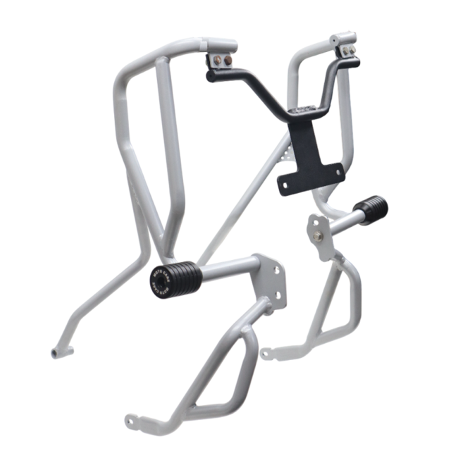 MotoCare silver upper lower crash guard installed on Hero XPulse 210 protecting engine and frame