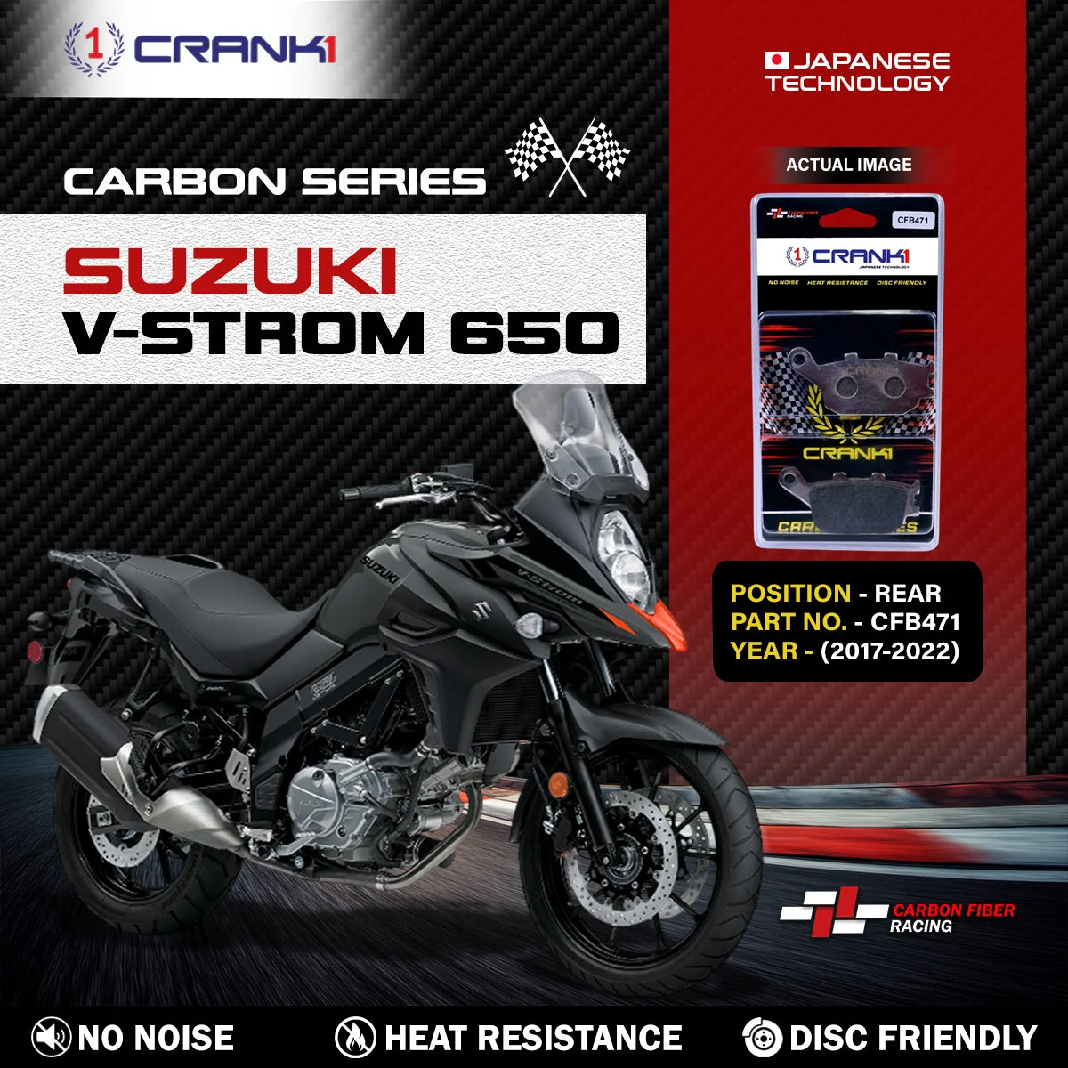 CRANK1 CFB471 Carbon Rear Brake Pads for Suzuki V-Strom 650 2017-2022