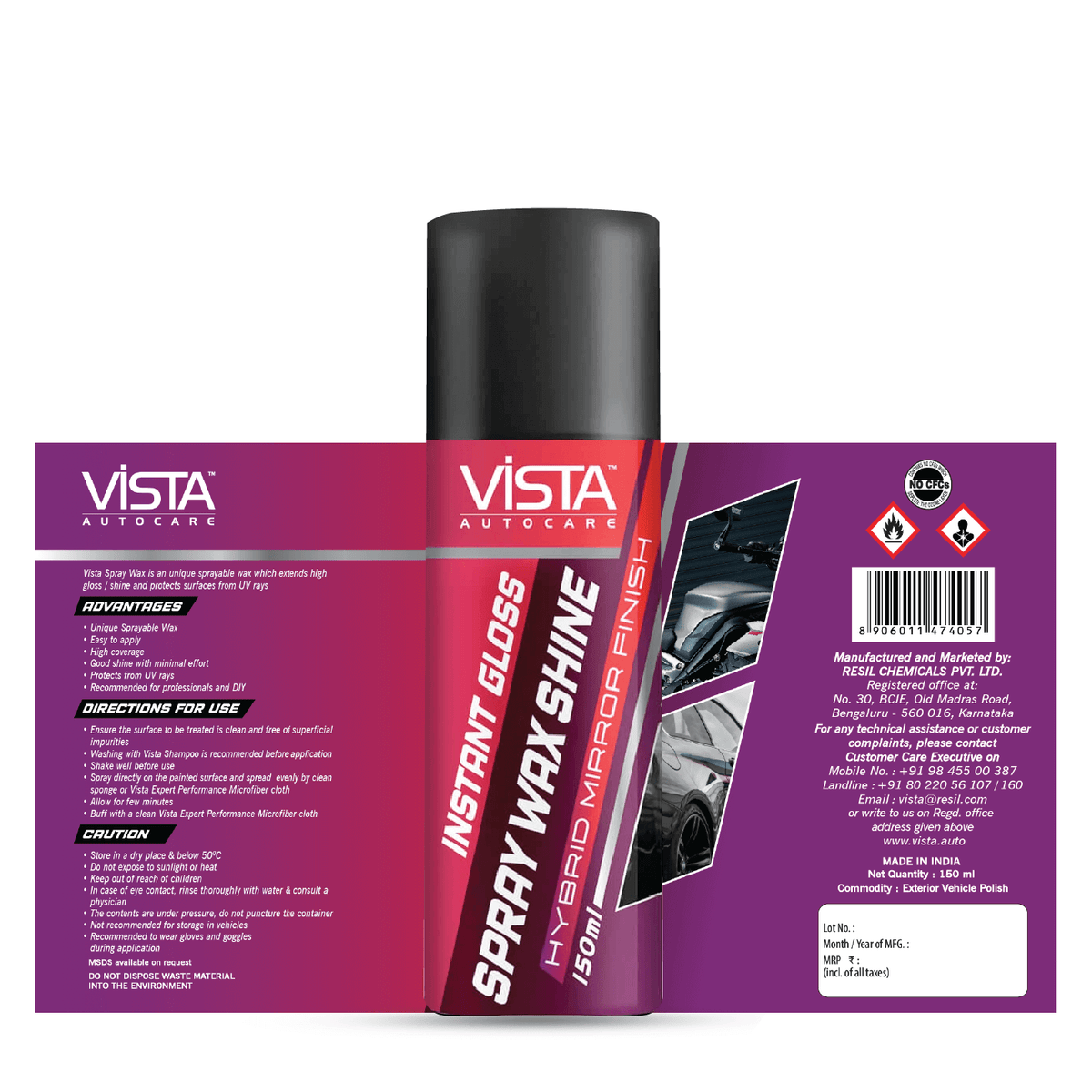 Vista Auto Care Spray Wax Shine 150ml car spray wax with UV protection


