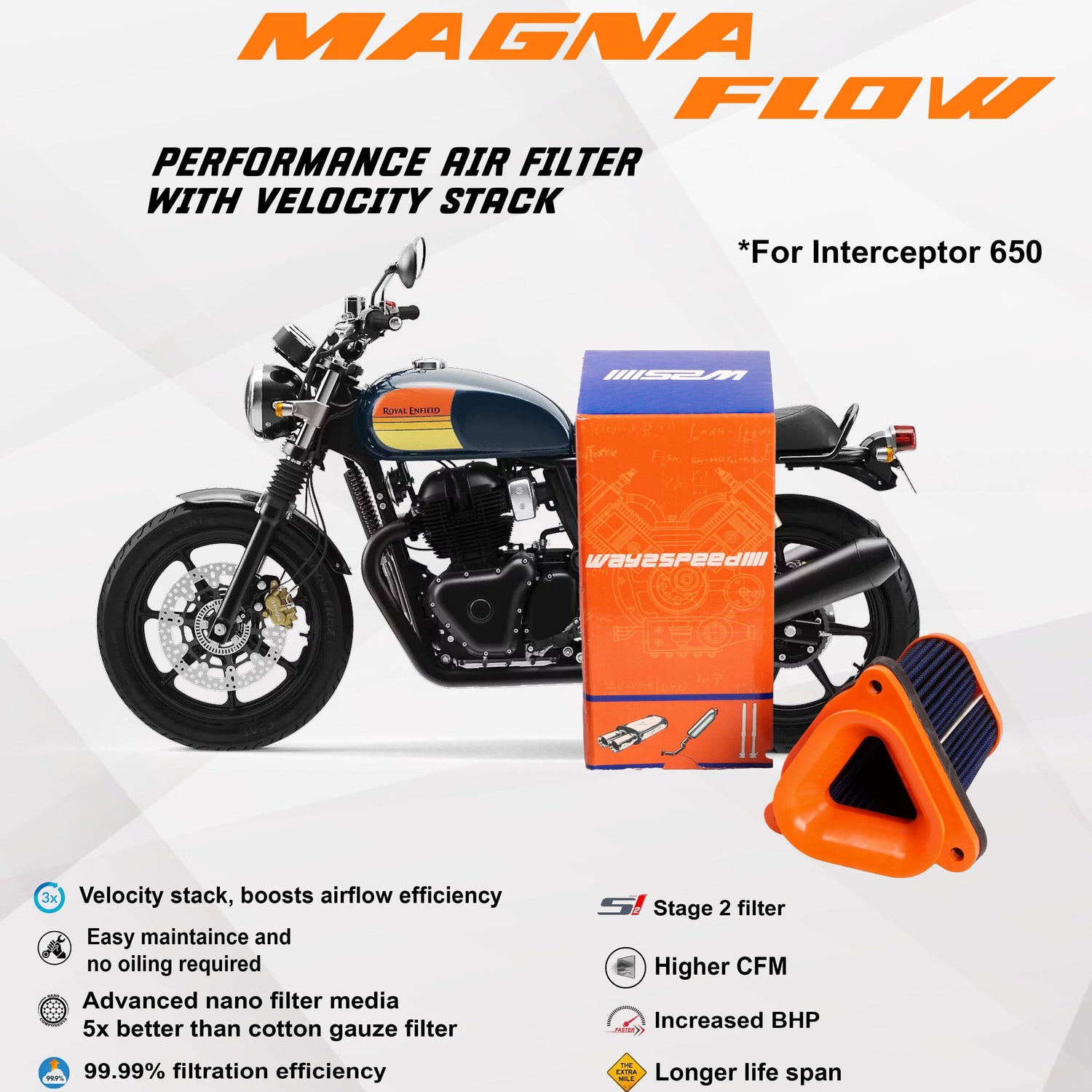 Way2Speed Magna Flow 73 CFM air filter for Royal Enfield Interceptor 650 and Continental GT 650

