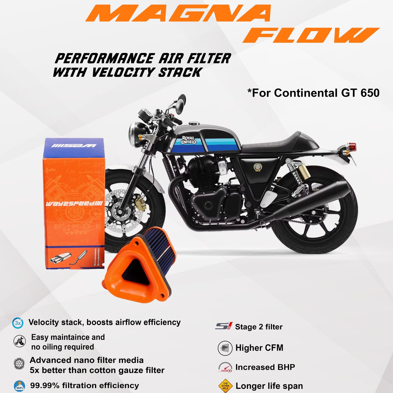 Way2Speed Magna Flow 73 CFM air filter for Royal Enfield Interceptor 650 and Continental GT 650

