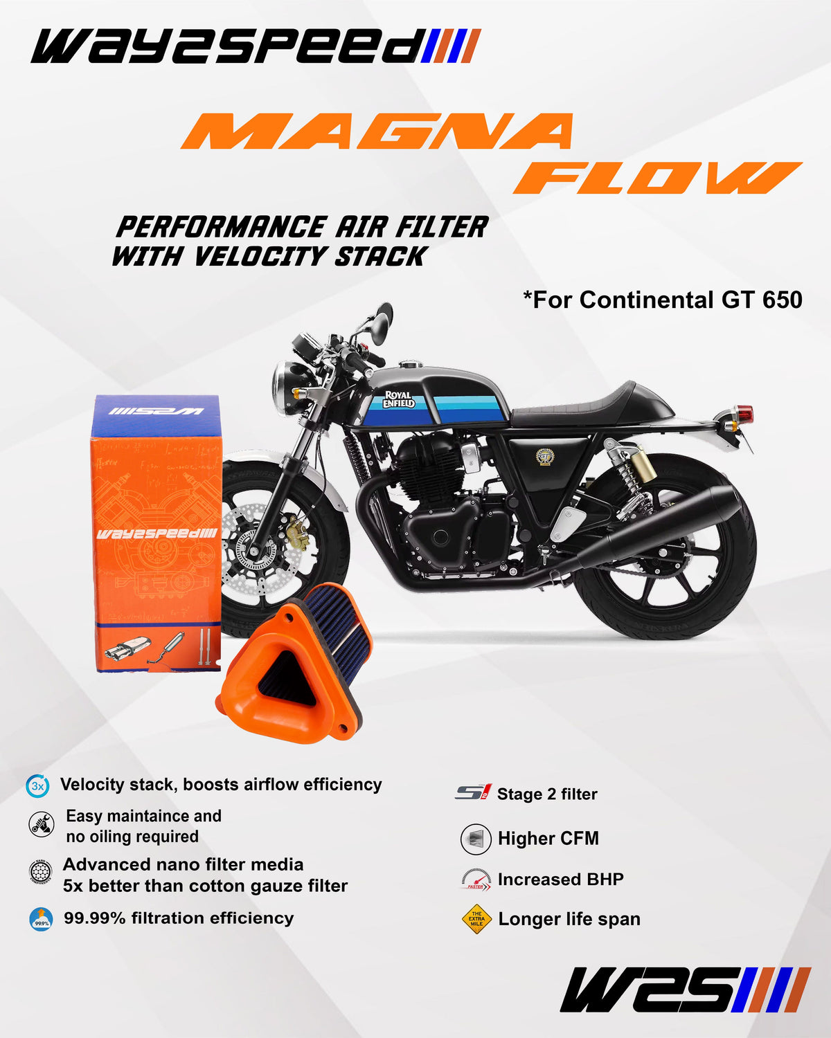 Way2Speed Magna Flow 73 CFM air filter for Royal Enfield Interceptor 650 and Continental GT 650

