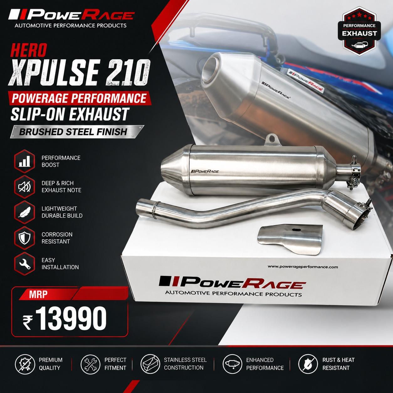 PowerRage Performance Slip-On Exhaust for Hero XPulse 210 with brushed stainless steel finish lightweight motorcycle exhaust