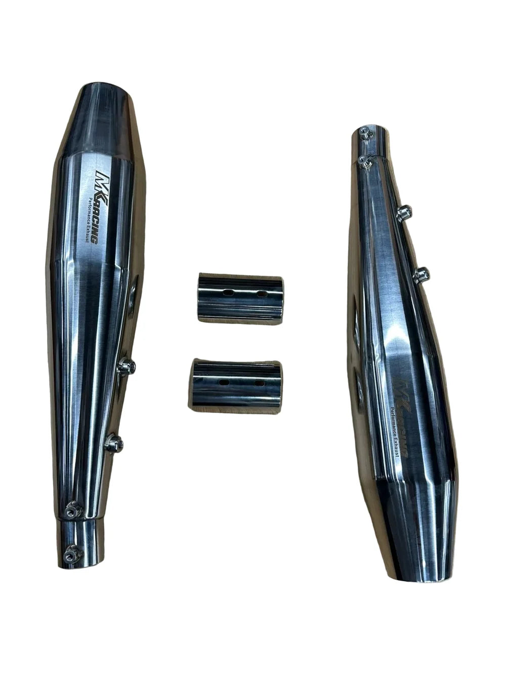 MK Racing brushed stainless steel slip-on exhaust muffler pair for Royal Enfield Continental GT 650