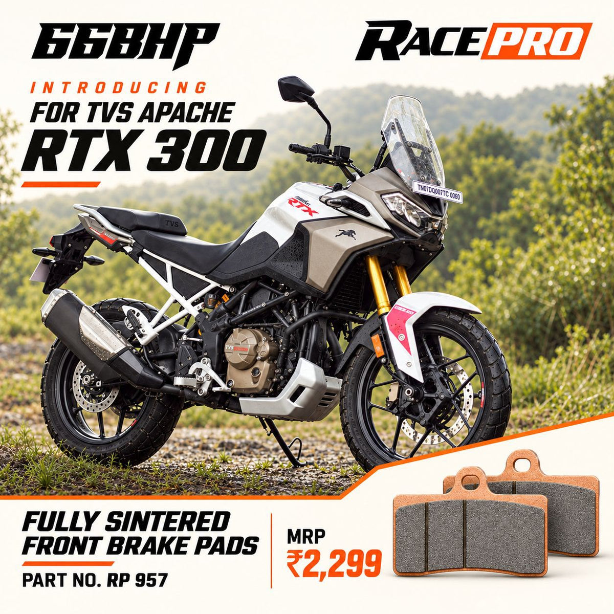 66BHP Race Pro RP 957 Fully Sintered Front Brake Pads for TVS Apache RTX 300