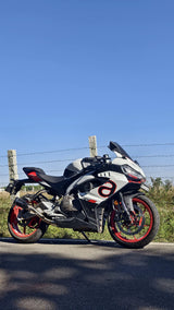 Barrel Outlaw 2.0 full system exhaust for Aprilia RS457 with header pipe side exit and underbelly stainless steel exhaust
