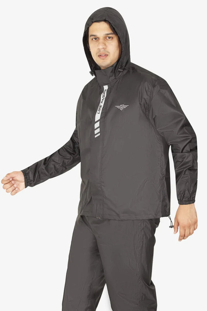 Lone Ranger Black Waterproof Motorcycle Rain Suit Jacket and Pants Set with Reflective Strips