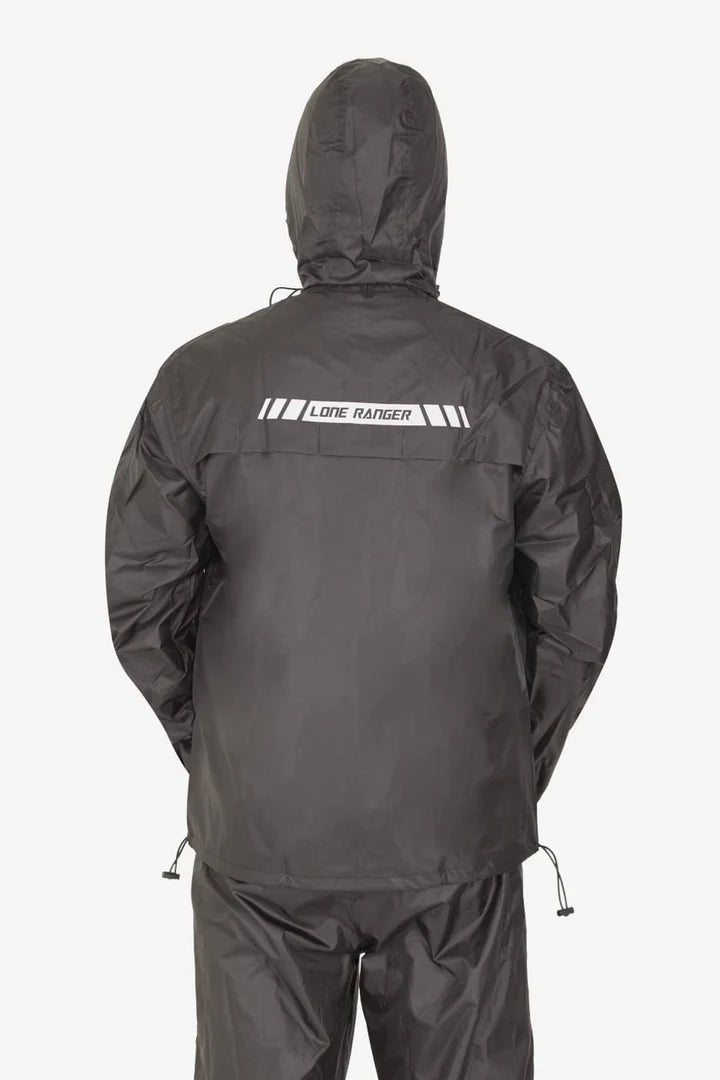 Lone Ranger Black Waterproof Motorcycle Rain Suit Jacket and Pants Set with Reflective Strips