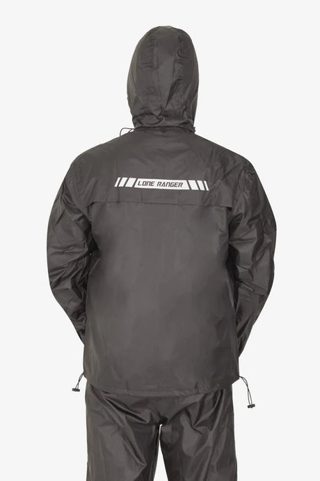 Lone Ranger Black Waterproof Motorcycle Rain Suit Jacket and Pants Set with Reflective Strips
