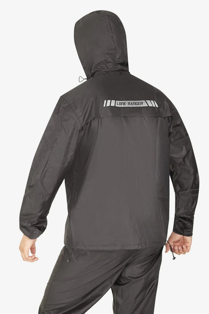 Lone Ranger Black Waterproof Motorcycle Rain Suit Jacket and Pants Set with Reflective Strips