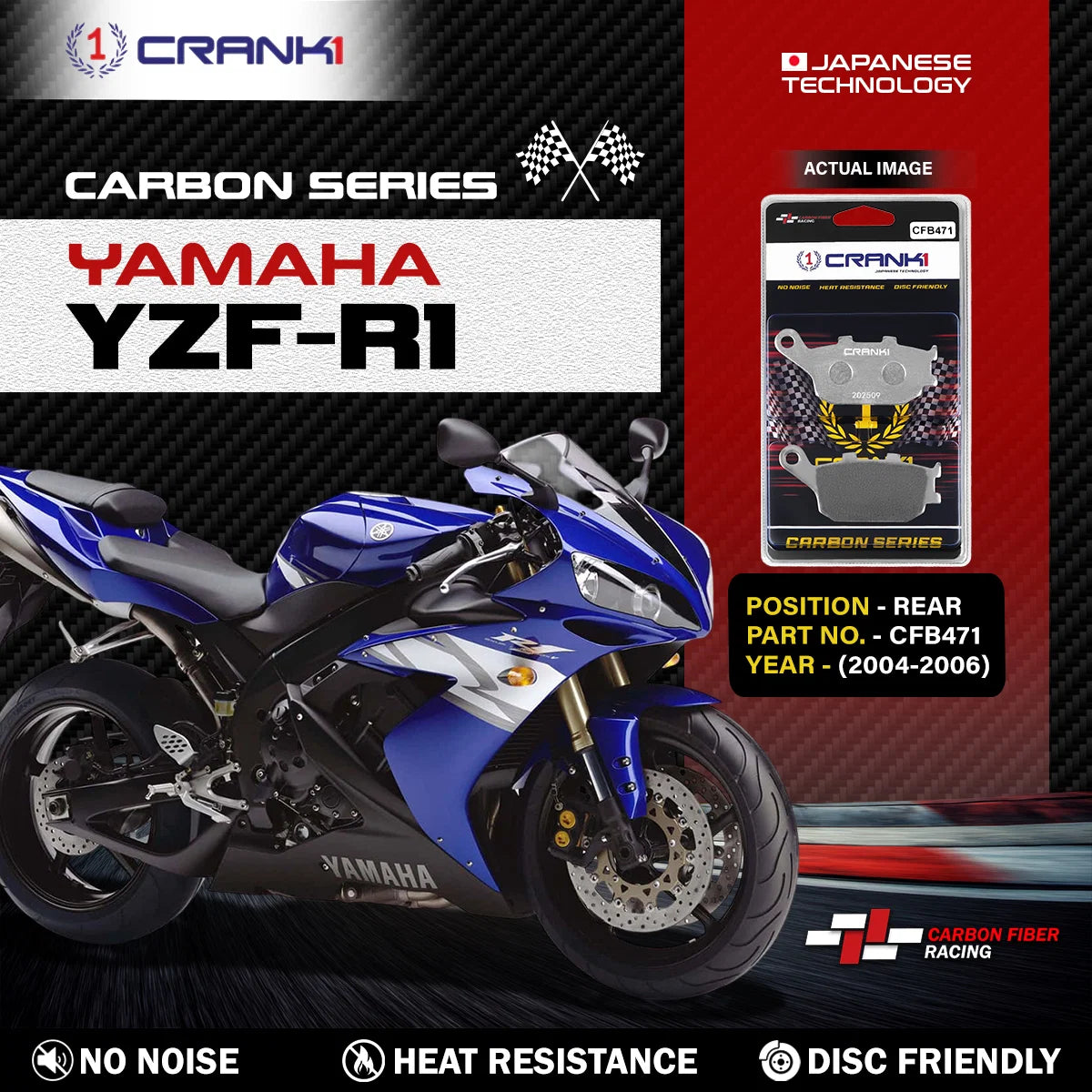 CRANK1 CFB471 carbon rear brake pads for Yamaha YZF-R1 2004 motorcycle