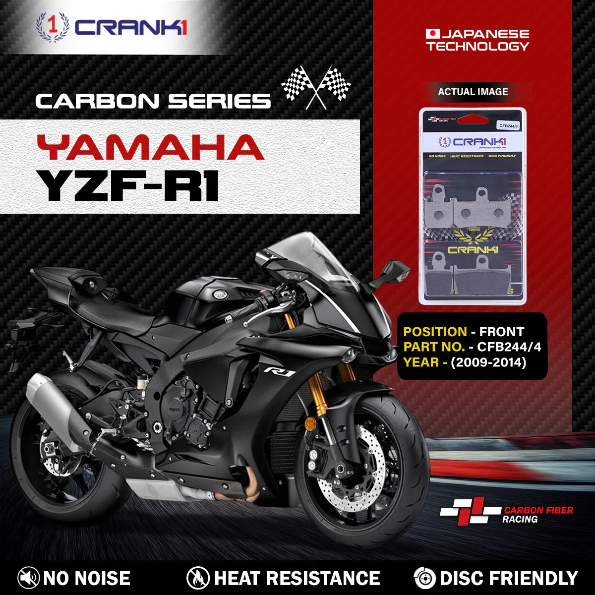CRANK1 CFB244/4 Carbon Front Brake Pads for Yamaha YZF-R1 2009-2014