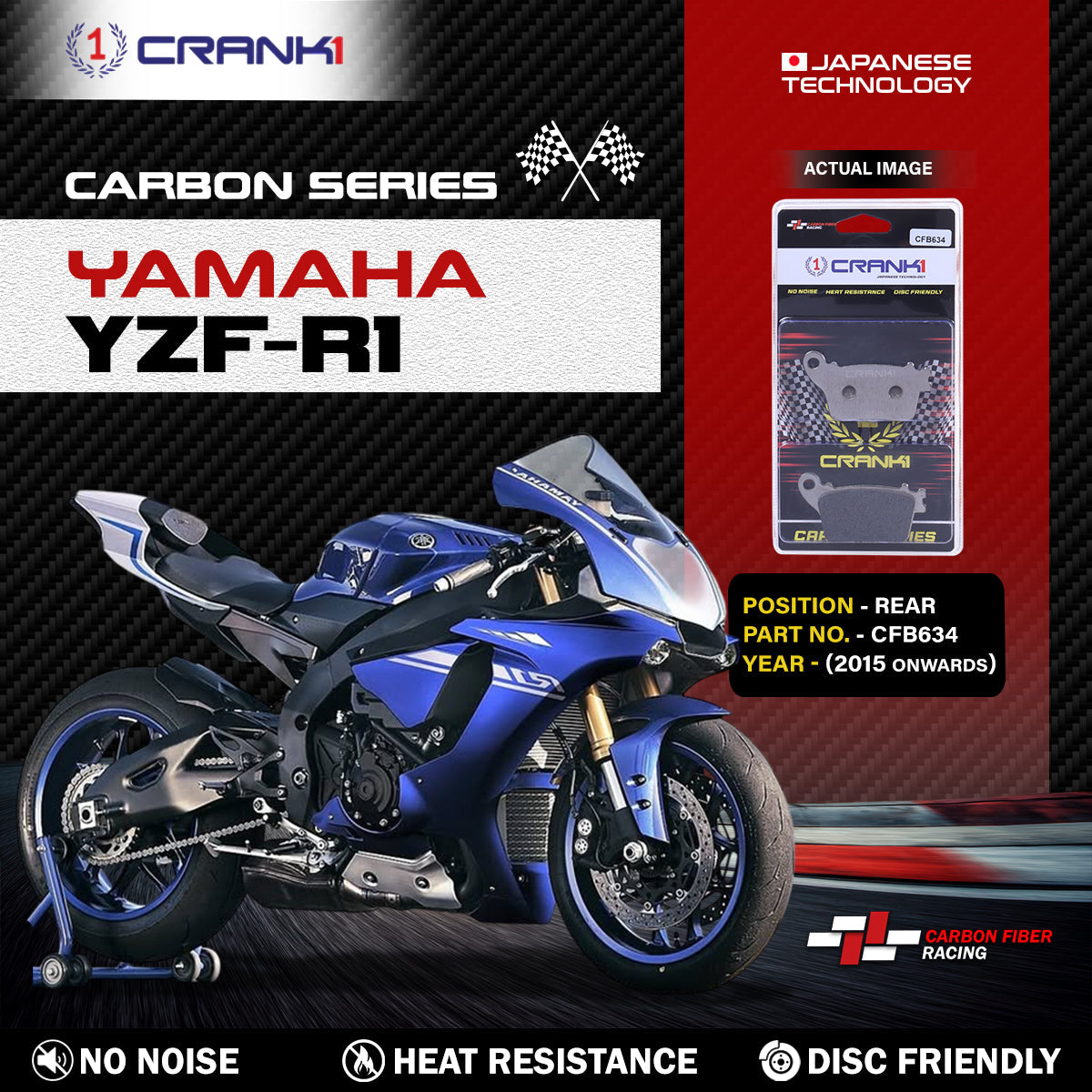CRANK1 Carbon Rear Brake Pads CFB634 for Yamaha YZF-R1 2015 Onwards Performance Motorcycle Disc Brake Pads