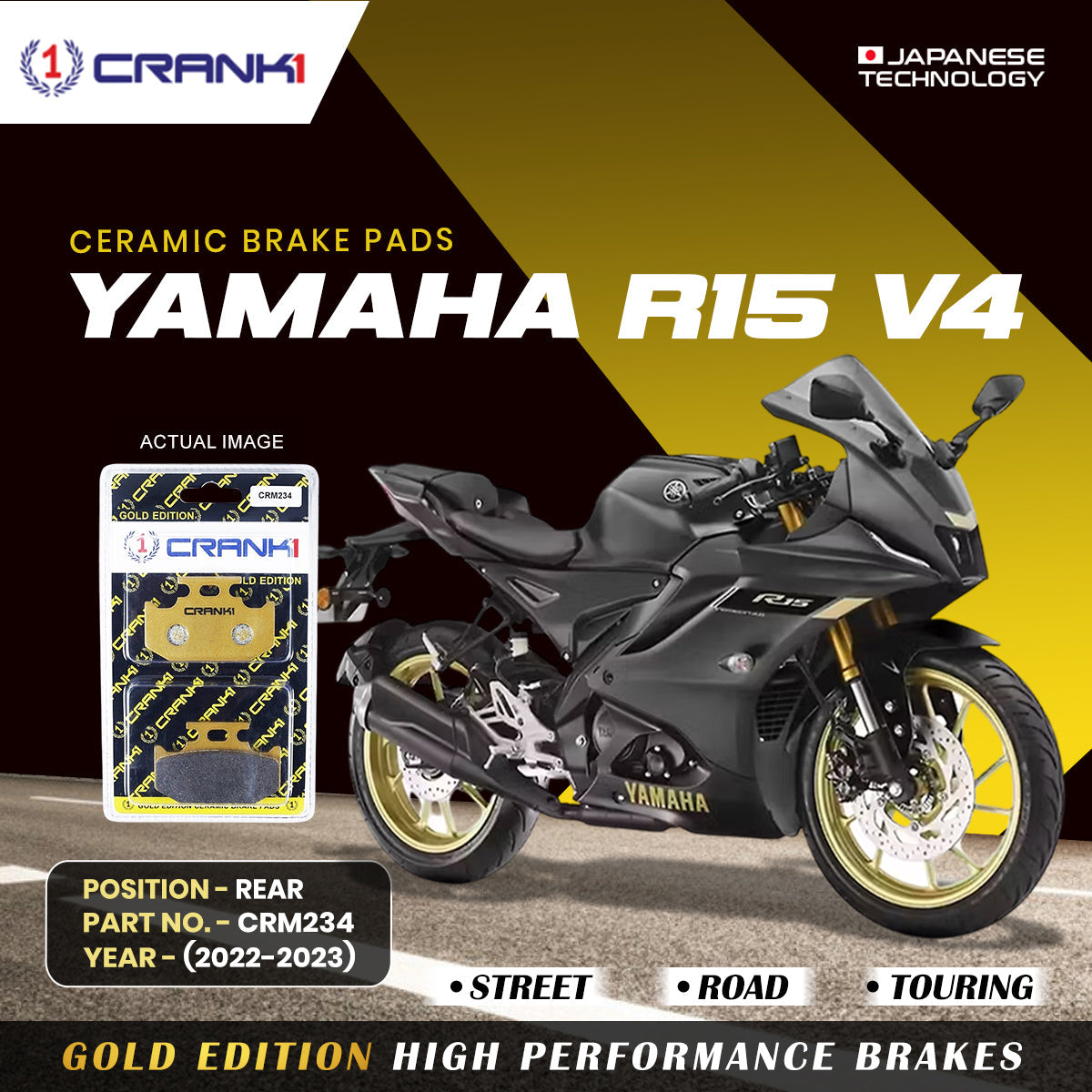 CRANK1 Ceramic Rear Brake Pads CRM234 for Yamaha R15 V4 2022-2023