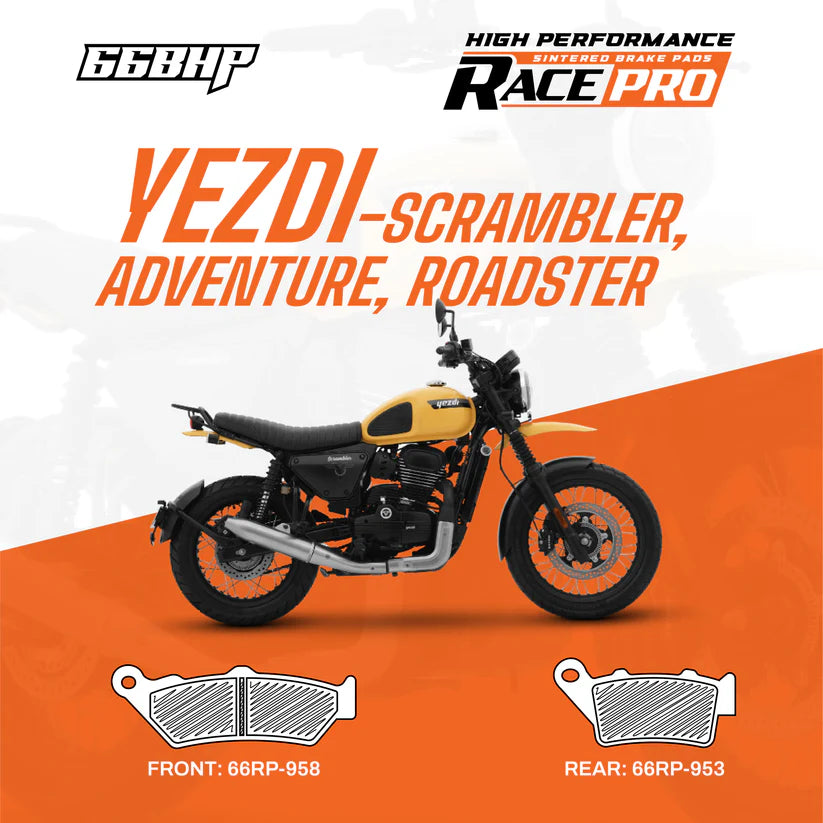 66BHP Race Pro Sintered Brake Pads for Yezdi Scrambler Adventure Roadster Front 66RP-958 Rear 66RP-953